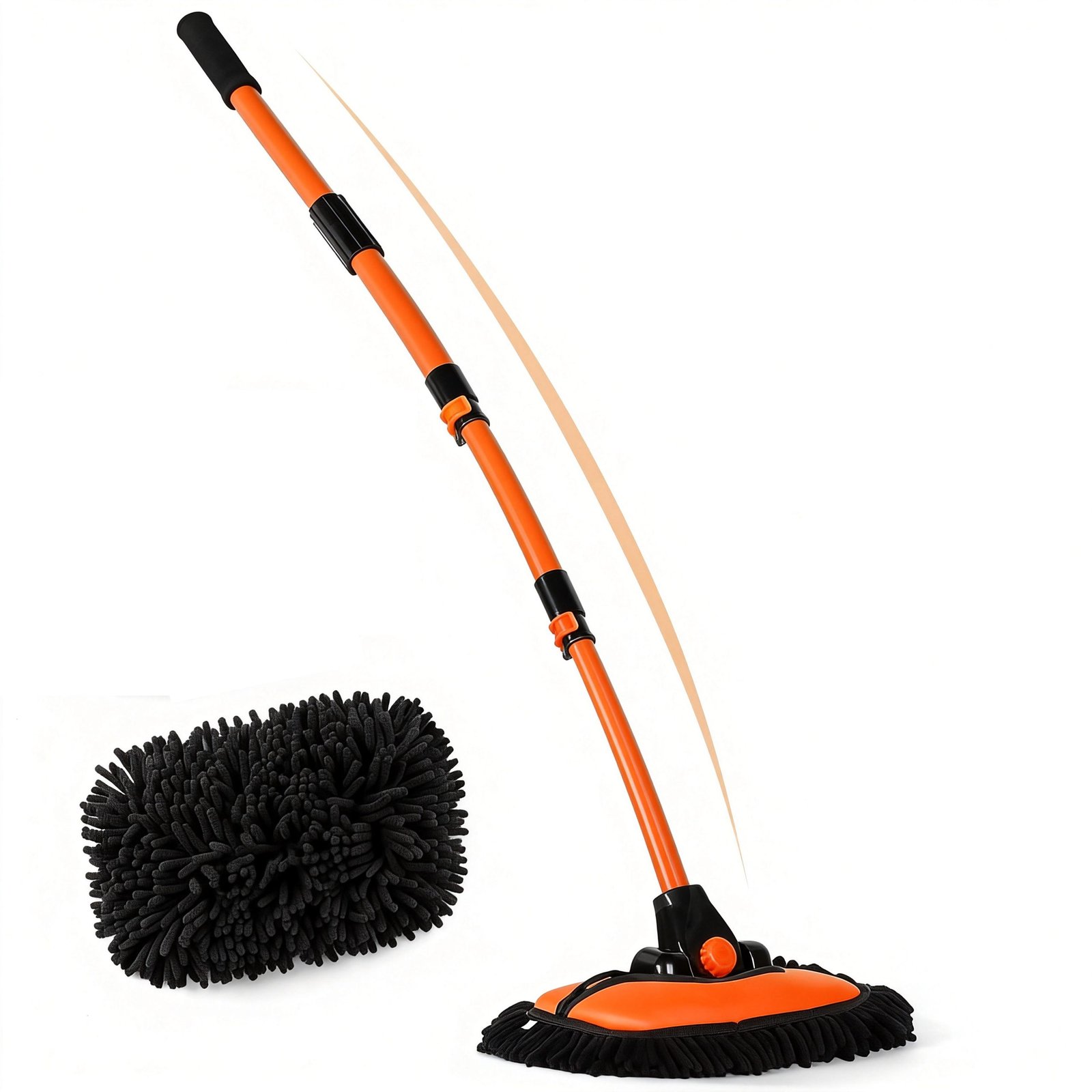 主图1 Nezeno 55" Car Wash Brush Mop with Long Handle, 15 Degree Curved Extendable Car Wash Brush with Extra Microfiber Mop Head, Soft Car Washing Brushes with Storage Bag for Truck SUV Cleaning, Orange - Image 1